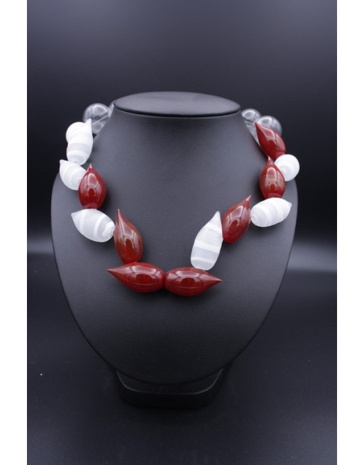 Acheter Collier de Grosses Perles de Verre Pointe Rouges et Blanches